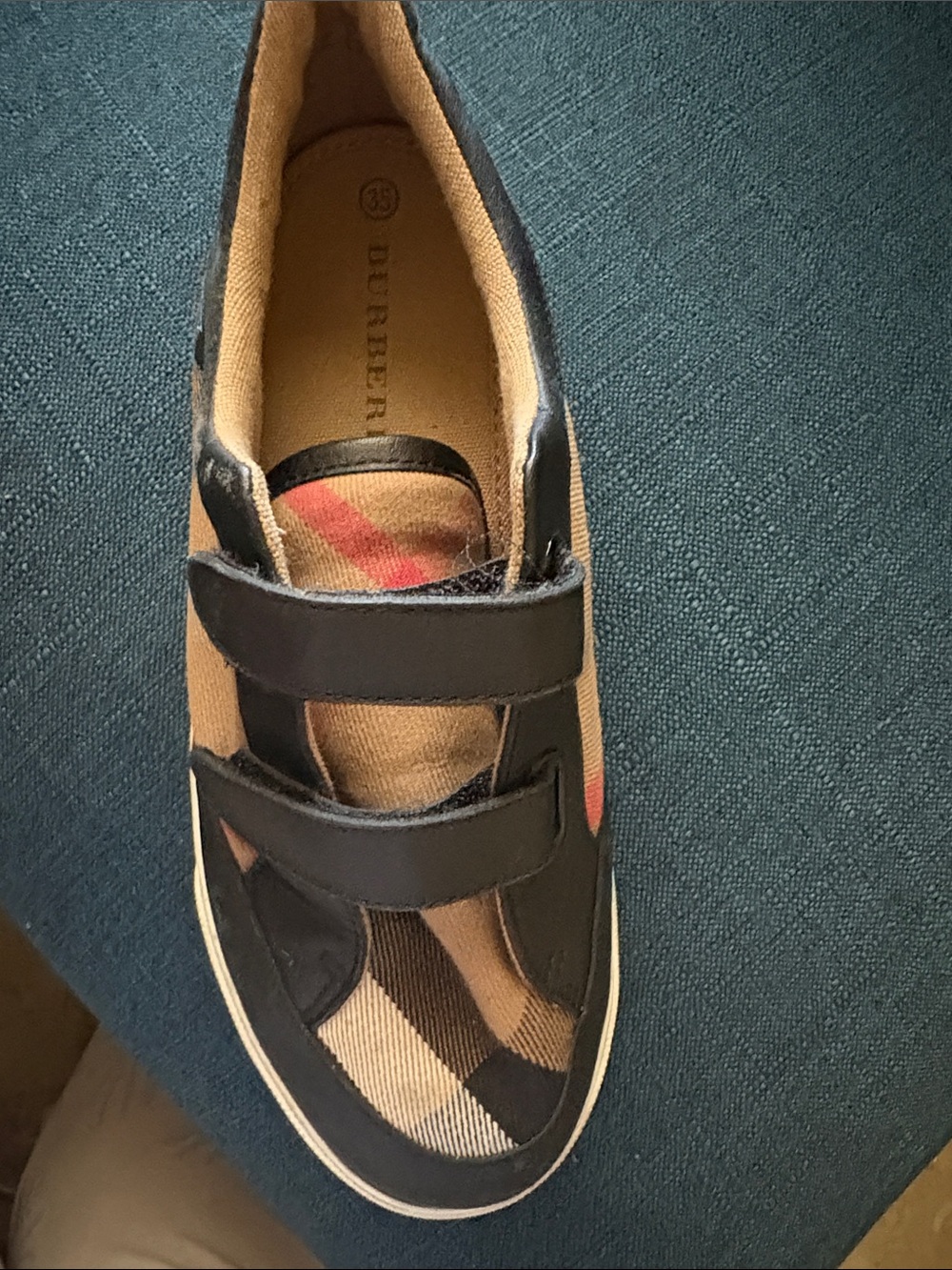 Burberry Kids Beige Check Sneakers with Black Straps and Red Accent